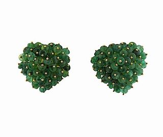 18K Gold Emerald Bead Heart Earrings