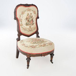 Antique Victorian Rosewood & Gilt Incised Tapestry Slipper Chair, 19th Century
