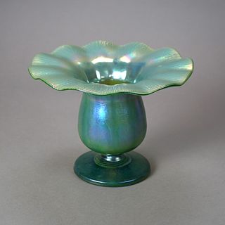 Antique Quezal School Green Art Glass Ruffled Rim & Footed Vase, circa 1930