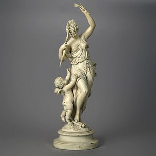 Antique Classical Cast Sculpture of a Woman & Cherub, 20th C