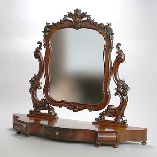 Antique Victorian Rococo Flame Mahogany Shaving Mirror circa 1890