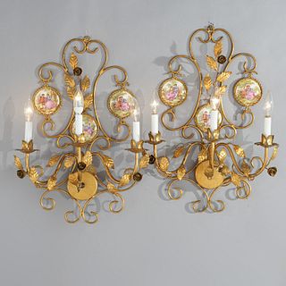 Vintage French Style Gilt Metal Wall Sconces with Porcelain Plaques c1940