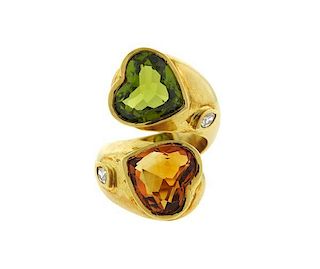 18K Gold Diamond Green Stone Yellow Stone Heart Bypass Ring