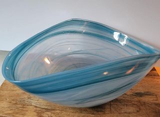 Beautiful Blue Translucent Art Glass Bowl / Elegant Sculptural Shape and Embedded Spiderweb Design