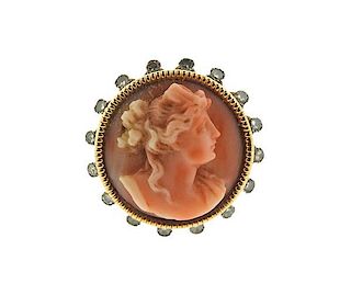 14K Gold Carved Coral Diamond Cameo Ring
