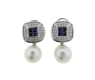 18K Gold Diamond Pearl Blue Stone Earrings