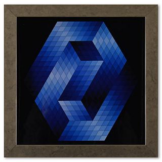 Victor Vasarely (1908-1997), "Gestalt - Bleu de la sÃ©rie Hommage A L'Hexagone" Framed 1971 Heliogravure Print with Letter of Authenticity