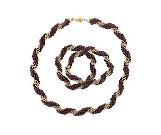 Mid Century 14K Gold Gemstone Necklace Bracelet Set