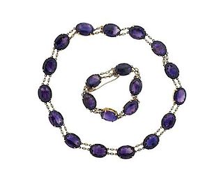Antique 14K Gold Purple Stone Pearl Bracelet Necklace Set