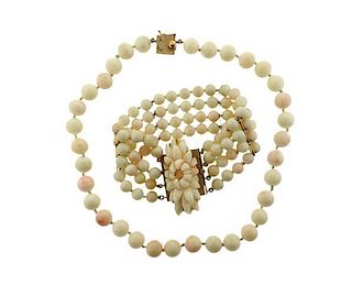14K Gold Angel Skin Coral Necklace Bracelet Brooch Set