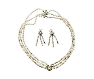 18K Gold Pearl Diamond Ruby Earrings Necklace Set