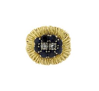 18K Textured Gold Diamond Sapphire Ring