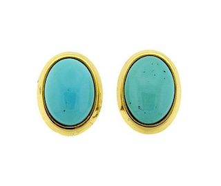 14K Gold Turquoise Oval Earrings