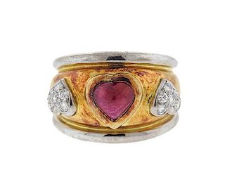 18K Gold Diamond Red Stone Heart Band Ring