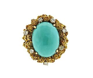 1960s 18K Gold Turquoise Diamond Cocktail Ring