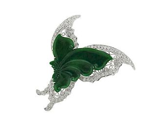 18K Gold Carved Jade Diamond Butterfly Pendant Brooch