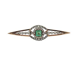 Antique 14K Gold Silver Diamond Emerald Brooch Pin