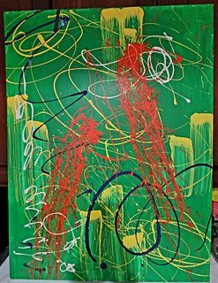 Modernist Abstract Textured Oil Painting w/ Brilliant High-Energy Scribble and Splash Image
