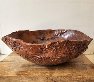 Large Brutalist Ceramic Art Bowl w/ Complex Textured Design and Rich Dark Chestnut Coloration