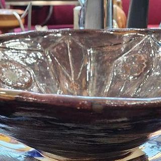 Large Israeli Mid-Century Brutalist Ceramic Bowl w/ Intense Geometric Design Initialed by Artist