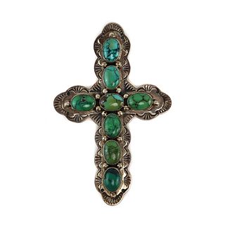 Wilson Begay - Navajo - Turquoise and Silver Cross Pendant c. 1980s, 4.25" x 2.75" (J15747-011)