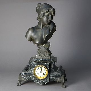 Antique Figural Bronzed Metal & Marble Mantel Clock, Sapho by Villano, c1890