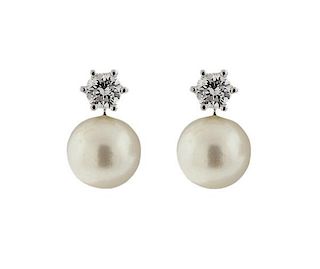 Mid Century European 18K Gold Diamond Pearl Earrings