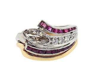 1940s Platinum 14K Gold Diamond Ruby Ring