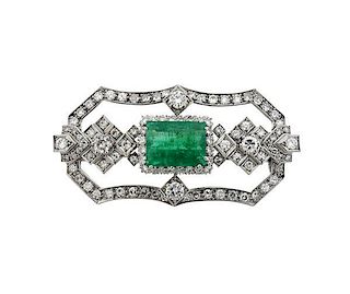 18K Gold Diamond Emerald Brooch Pin