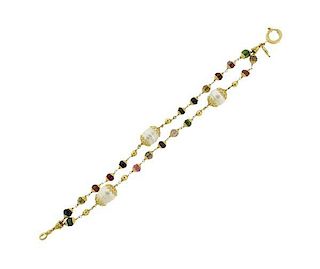 18K Gold Pearl Multi Color Gemstone Bracelet