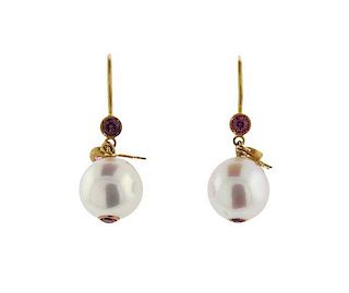 Tasaki 22K Gold Pearl Pink Stone Drop Earrings