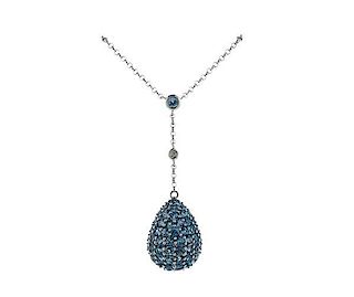 18K Gold Diamond Blue Stone Drop Necklace