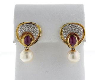 18K Gold Diamond Pearl Red Stone Earrings