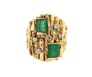 1970s 14K Gold Emerald Diamond Ring