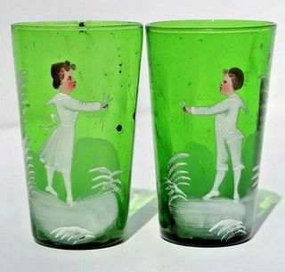 PAIR OF MARY GREGORY ENAMELED GREEN GLASS MATCHING TUMBLERS