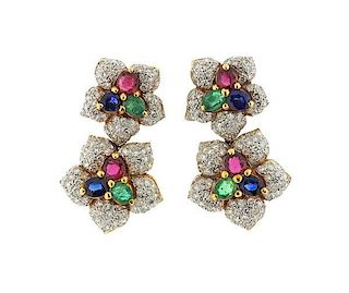 18K Gold Diamond Multi Color Stone Flower Earrings