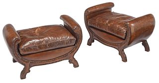 Pair of Late Victorian Style Leather Upholstered Oak Club Stools