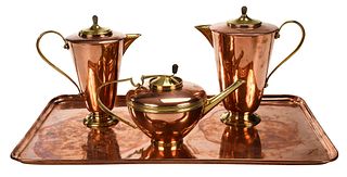 W.A.S. Benson Arts and Crafts Copper and Brass Tea and Coffee Service
