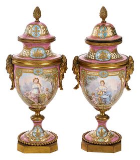 Pair of French Gilt Bronze Mounted Porcelain Lidded Vases