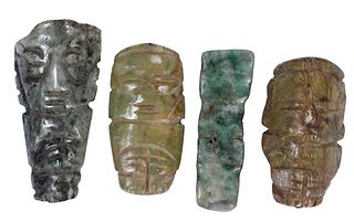 Four Mesoamerican Carved Jade Seated Figure Pendants