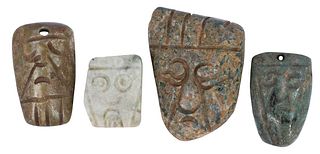 Four Mesoamerican Carved Jade Mask Pendants