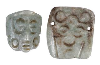 Two Mesoamerican Carved Jade Mask Pendants