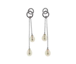 14k Gold Diamond Long Pearl Drop Earrings