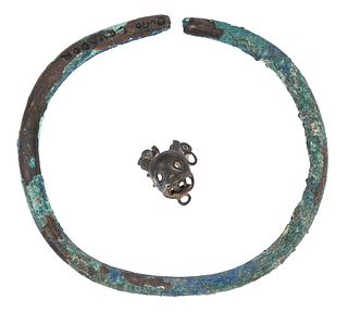 Mesoamerican Copper Bangle and Metal Animal Mask Pendant