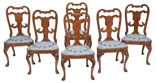 Fine Set of Six George I Burlwood Veneered and Carved Walnut Dining Chairs