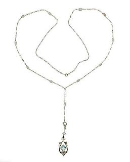 Art Deco Platinum 14k Gold Diamond Aquamarine Pearl Necklace