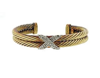 David Yurman 14K Gold Diamond X Cable Cuff Bracelet