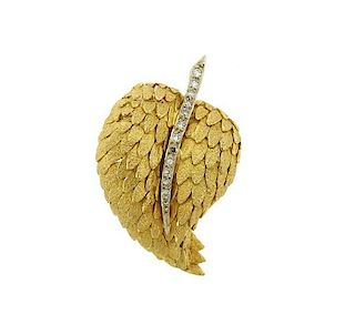 Italian 18K Gold Diamond Leaf Brooch Pin