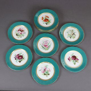 12 Antique Old Paris Porcelain Hand Painted & Gilt Garden Luncheon Plates c1900