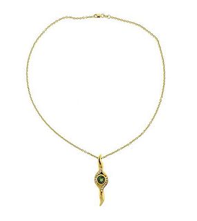 18K Gold Green Gemstone Diamond Pendant Necklace